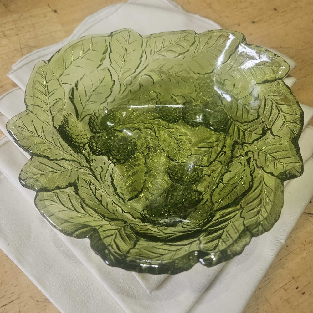 Vintage Indiana Green Glass Loganberry and Leaf Pattern Candy Dish Bowl